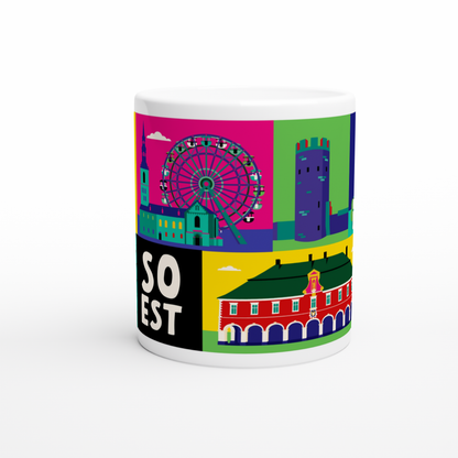 Nahaufnahme des Kattenturm-Motivs auf der farbenfrohen Soest Tasse.