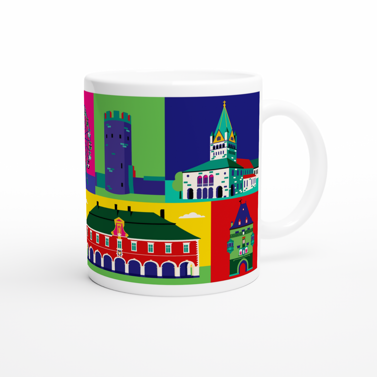 Soest Tasse mit Illustration der Wiesenkirche und Teichsmühle im Flat-Design.