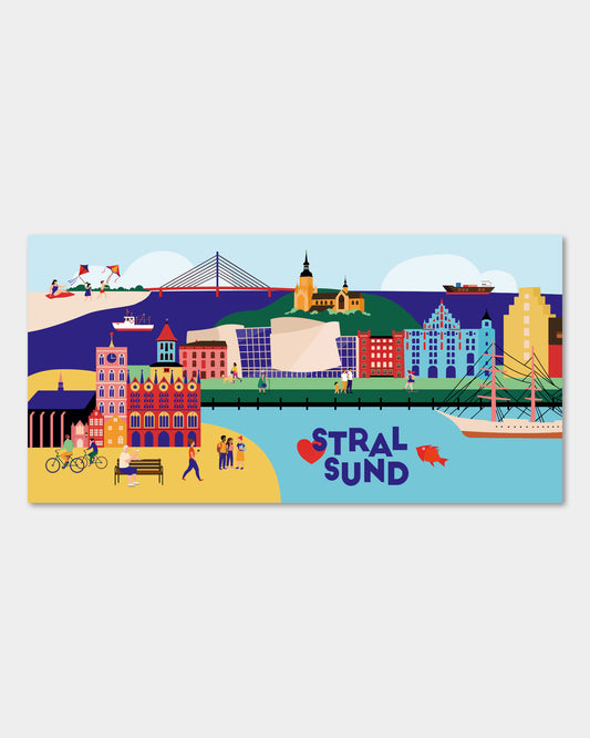 Leinwand mit Illustration von Stralsund – inklusive Ozeaneum, Gorch Fock und Rathaus