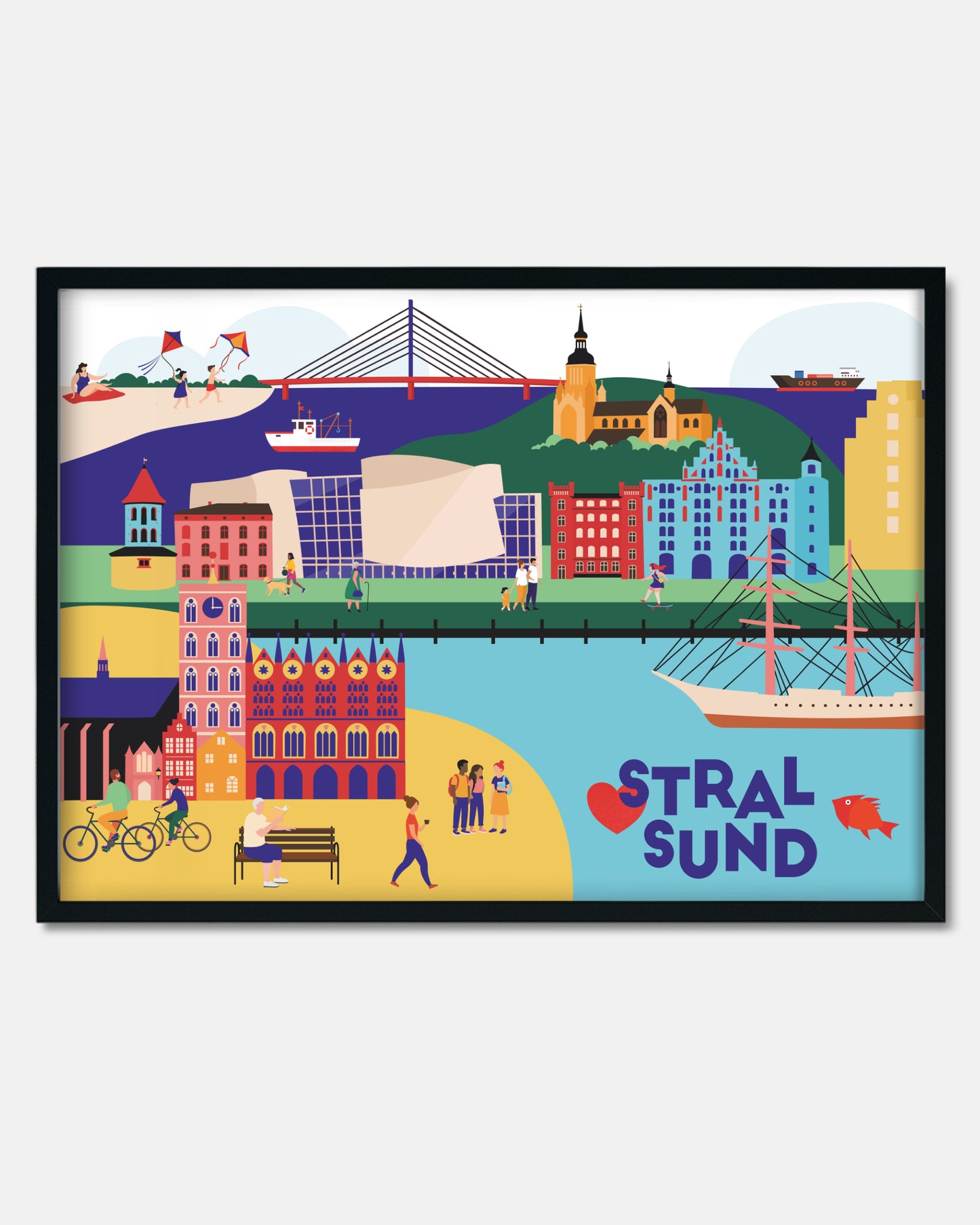 Design-Poster mit maritimer Illustration von Stralsund – mit Hafen, Altstadt und Rügendammbrücke