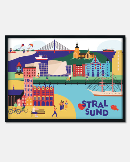 Design-Poster mit maritimer Illustration von Stralsund – mit Hafen, Altstadt und Rügendammbrücke