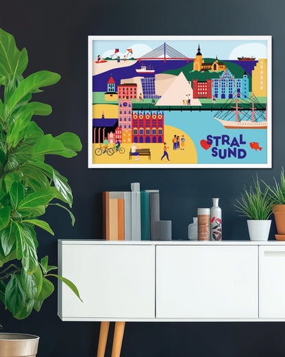 Stralsund-Poster mit Stadtillustration – Ozeaneum, Gorch Fock und Rathaus auf Kunstdruck