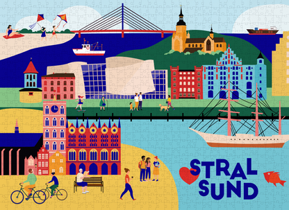 Modernes Puzzle Stralsund Illustration mit Gorch Fock und Ozeaneum