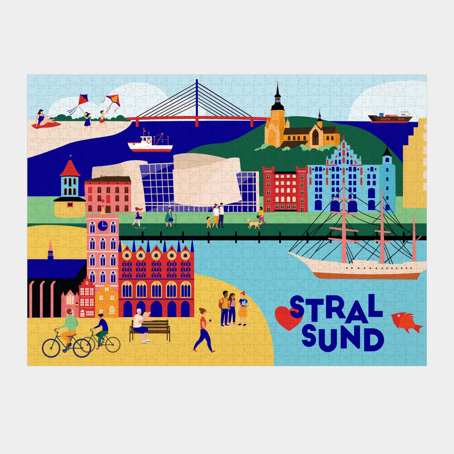 Stralsund Puzzle 1000 Teile in Blau mit Hafen-Motiv von Stadtkind Souvenir