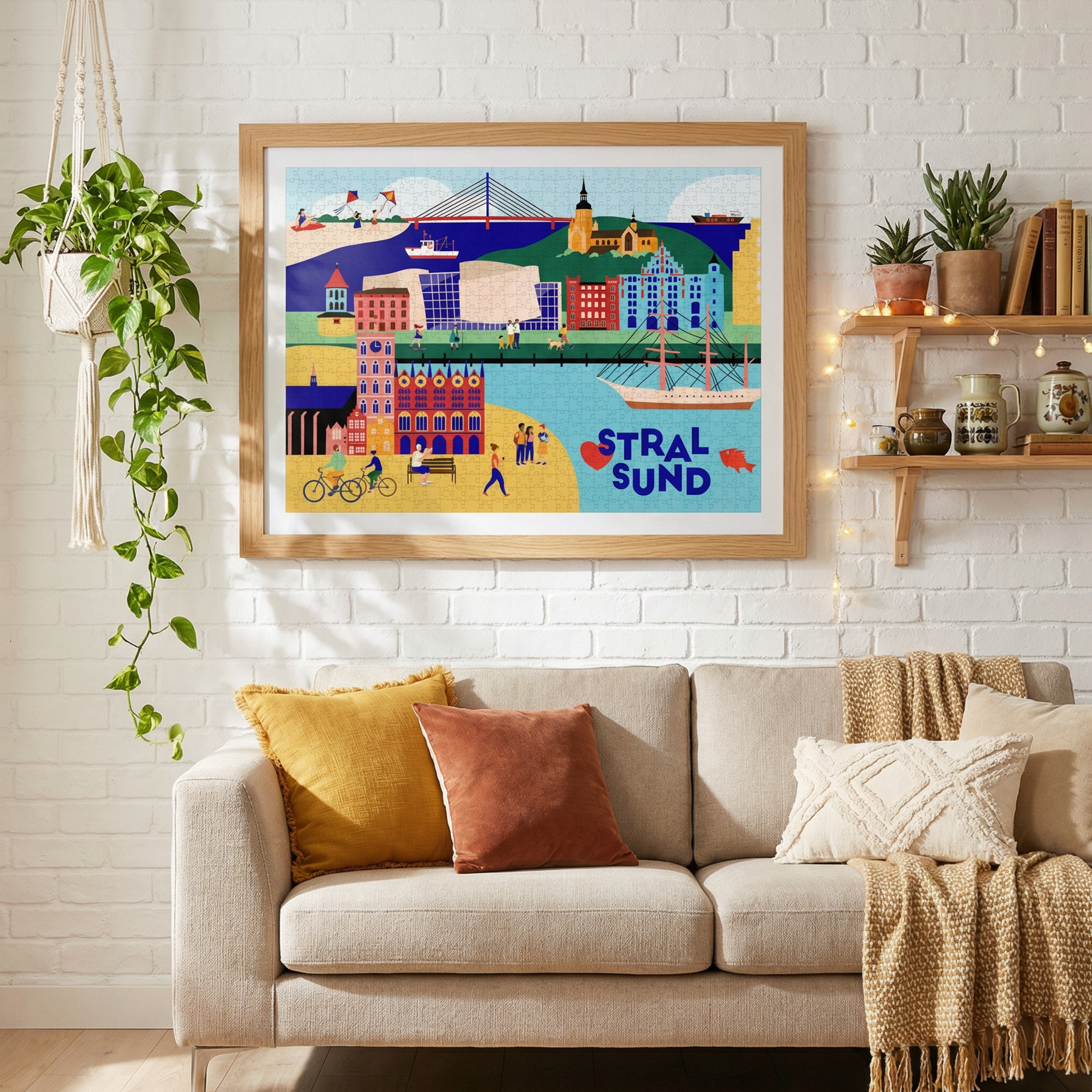 Wandkunst Stralsund Puzzle eingerahmt im modernen Wohnzimmer
