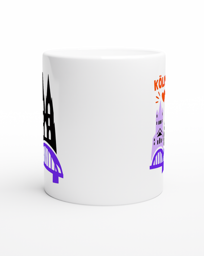 Moderne Souvenir-Tasse mit Köln-Motiven in Schwarz und Lila