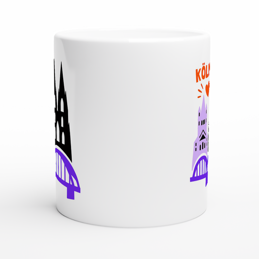 Moderne Souvenir-Tasse mit Köln-Motiven in Schwarz und Lila