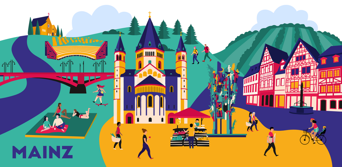Motiv der Keramiktasse mit farbintensiver Mainz-Vibe Illustration.