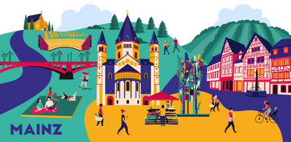 Motiv der Keramiktasse mit farbintensiver Mainz-Vibe Illustration.