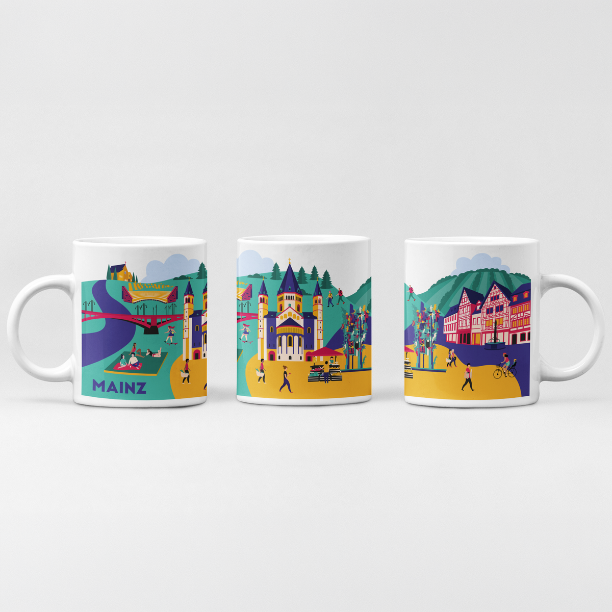 Ansicht der Tasse, die die vollständige Rundum-Illustration der Mainzer Ikonen zeigt.