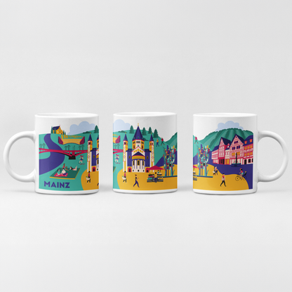 Ansicht der Tasse, die die vollständige Rundum-Illustration der Mainzer Ikonen zeigt.