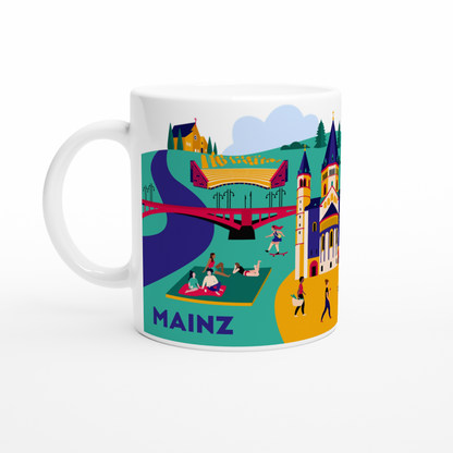 Vorderansicht der weißen Keramiktasse mit farbenfroher Mainz Illustration im Retro-Pop-Art Stil, zeigt Dom St. Martin und Wochenmarkt.