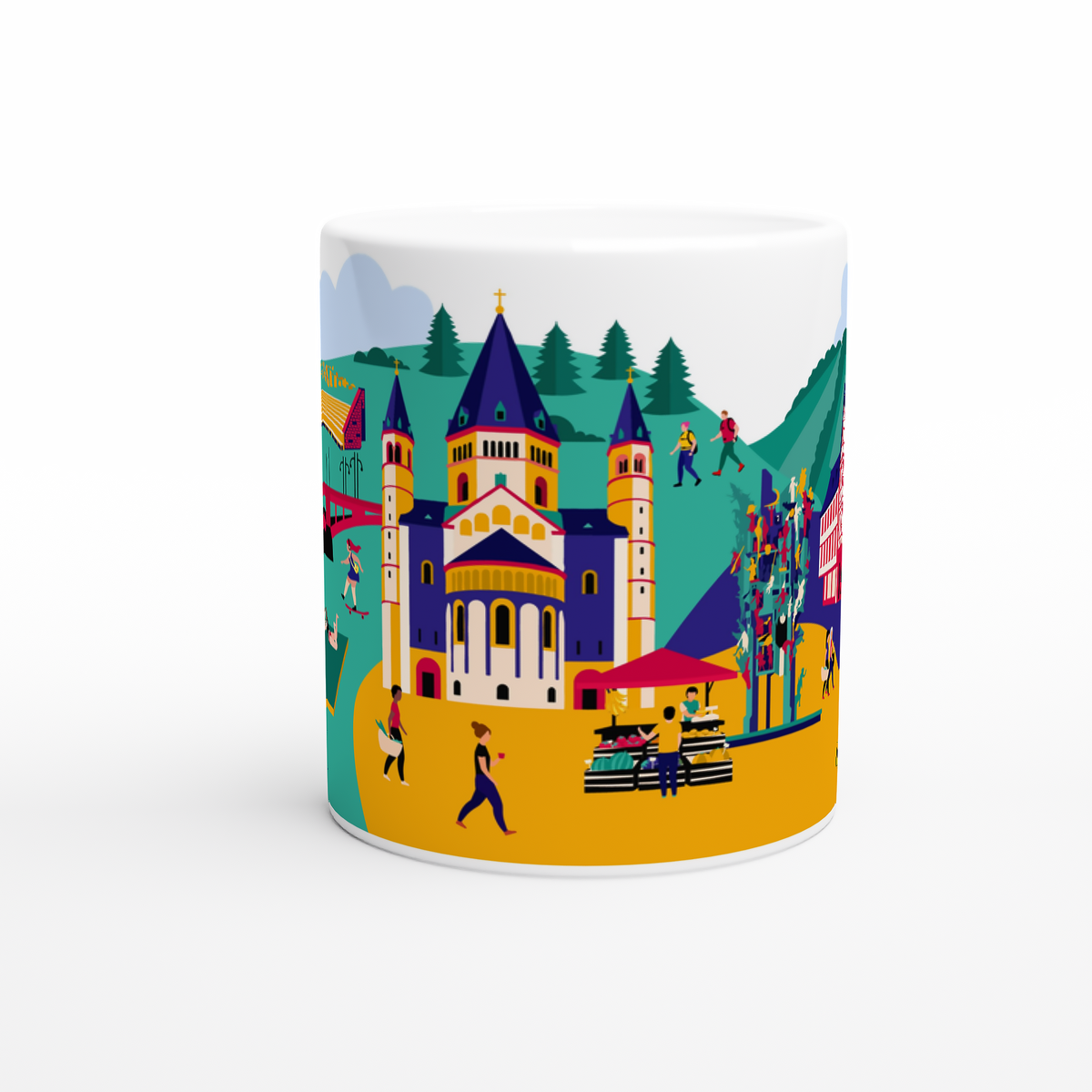 Detailaufnahme der Tasse Mainz mit der bunten Markt-Illustration und Fachwerkhäusern des Kirschgartens im Flat-Design.