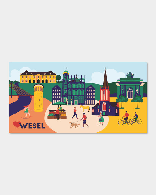 Leinwand mit Wesel-Illustration – Berliner Tor, Rheinbrücke, Dom und mehr als Fine Art Print