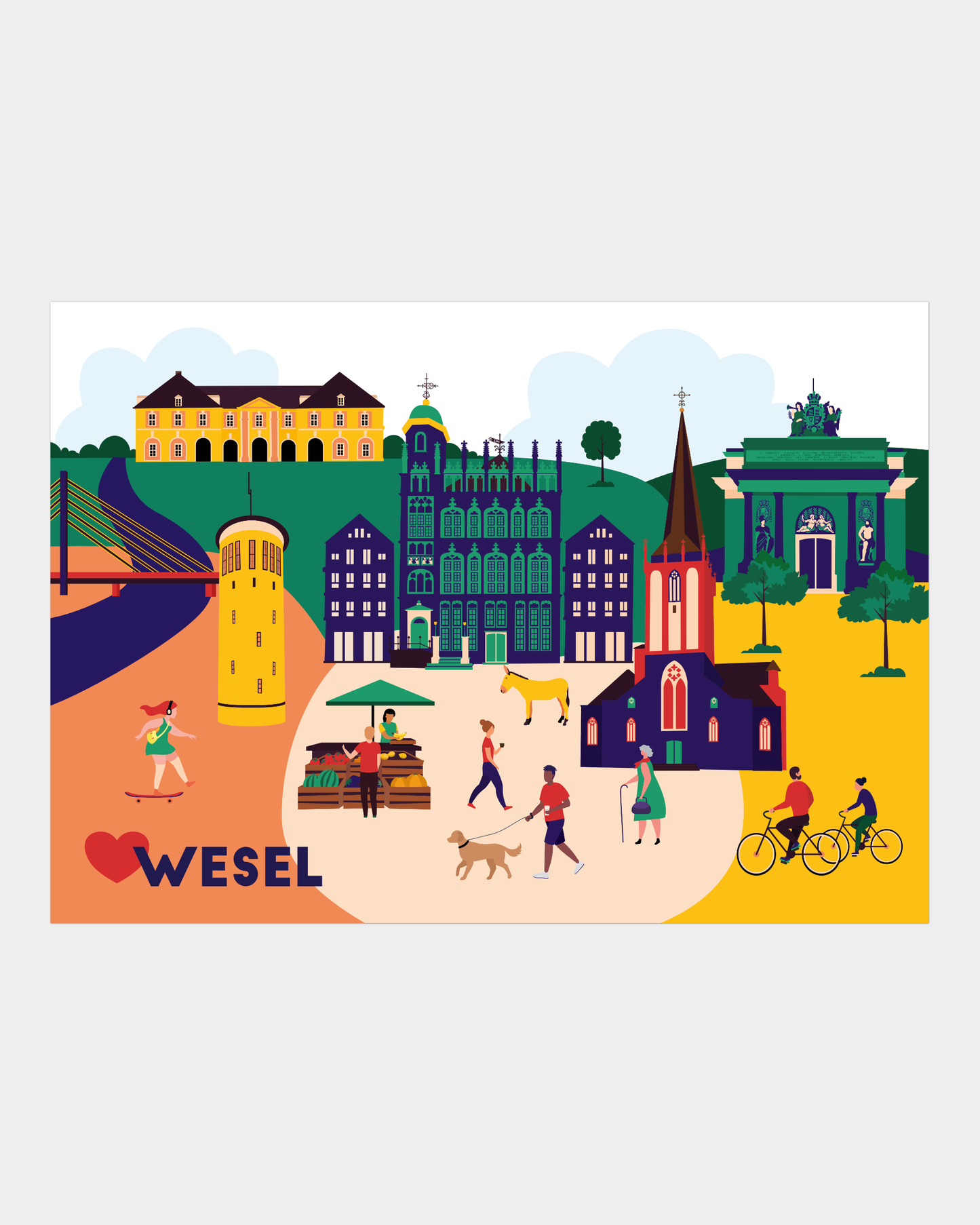 Wesel Poster mit Stadtillustration – Berliner Tor, Zitadelle und Rheinbrücke als Kunstdruck.
