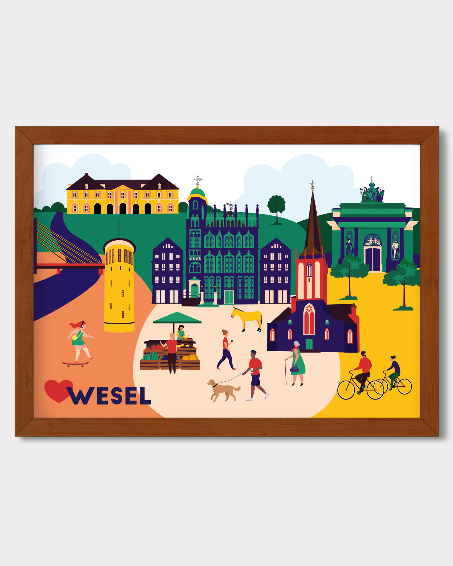 Illustration von Wesel als Wandbild – klares Design mit markanten Stadtmotiven.