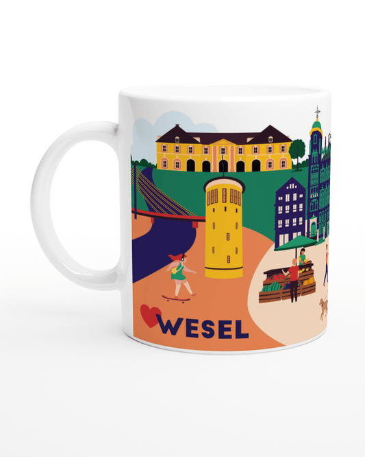 Design-Tasse mit Wesel Illustration – Berliner Tor, Rathaus und Rheinbrücke als Stadtmotiv.