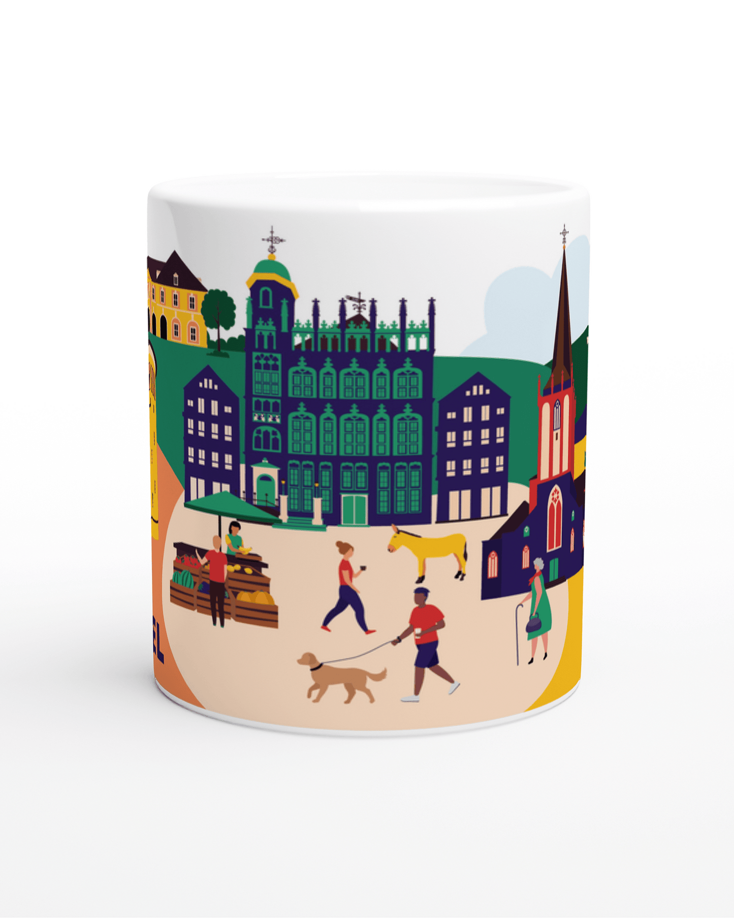 Keramiktasse mit Illustration von Wesel – Zitadelle, Dom und Wasserturm als Rundumdruck.