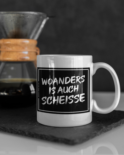 Robuste Keramiktasse mit beidseitigem Frank-Goosen-Zitat, ideal für Kaffee, Tee oder als humorvolles Geschenk.