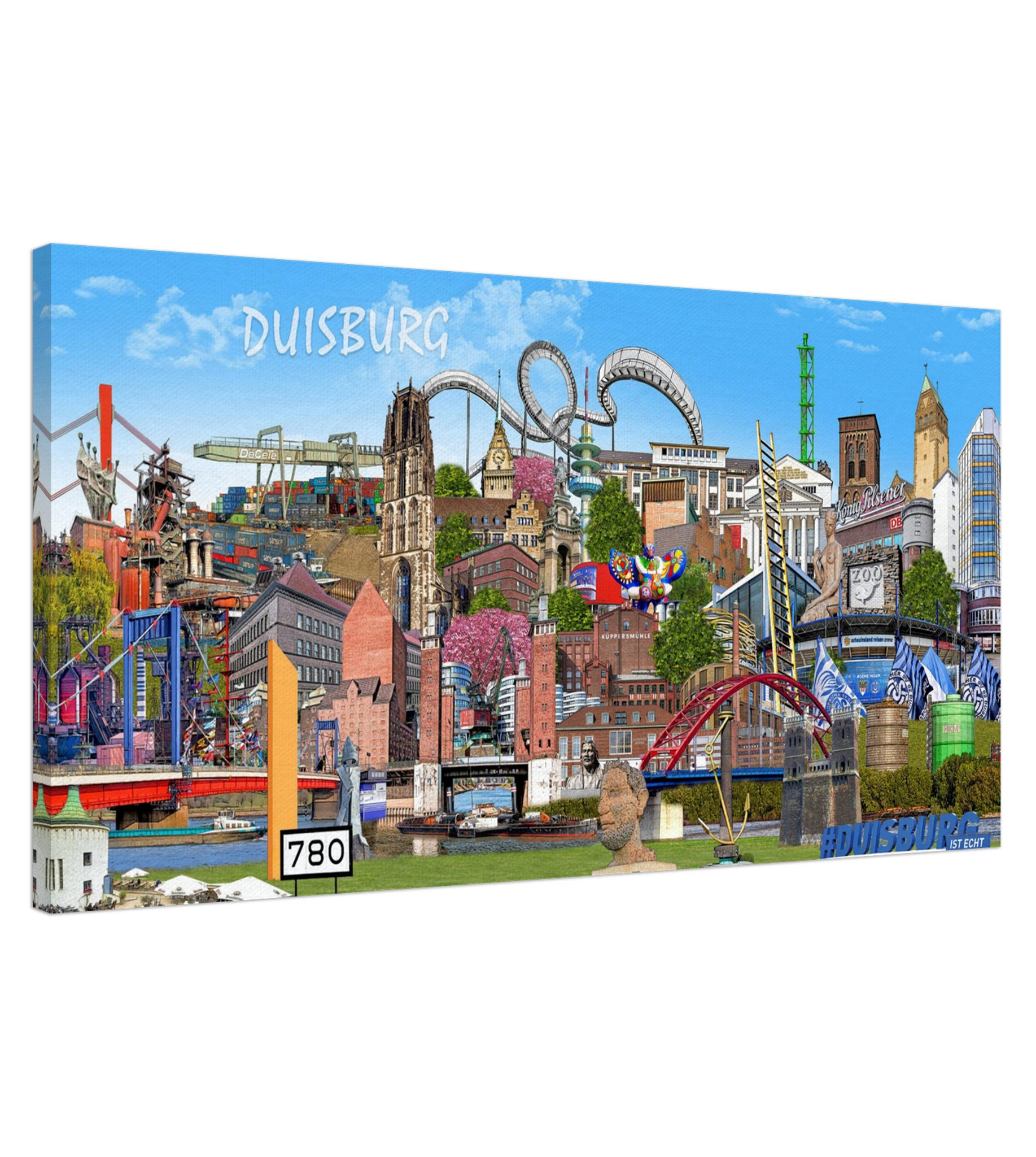 Farbenfrohe Stadtcollage von Duisburg als moderner Leinwanddruck