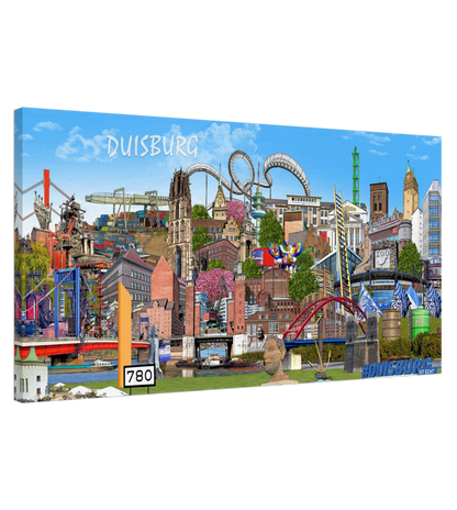 Farbenfrohe Stadtcollage von Duisburg als moderner Leinwanddruck