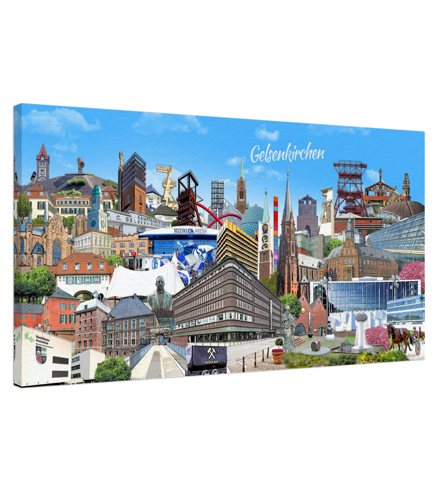 Leinwanddruck mit farbenfroher Gelsenkirchen-Collage – perfekt als Geschenk.