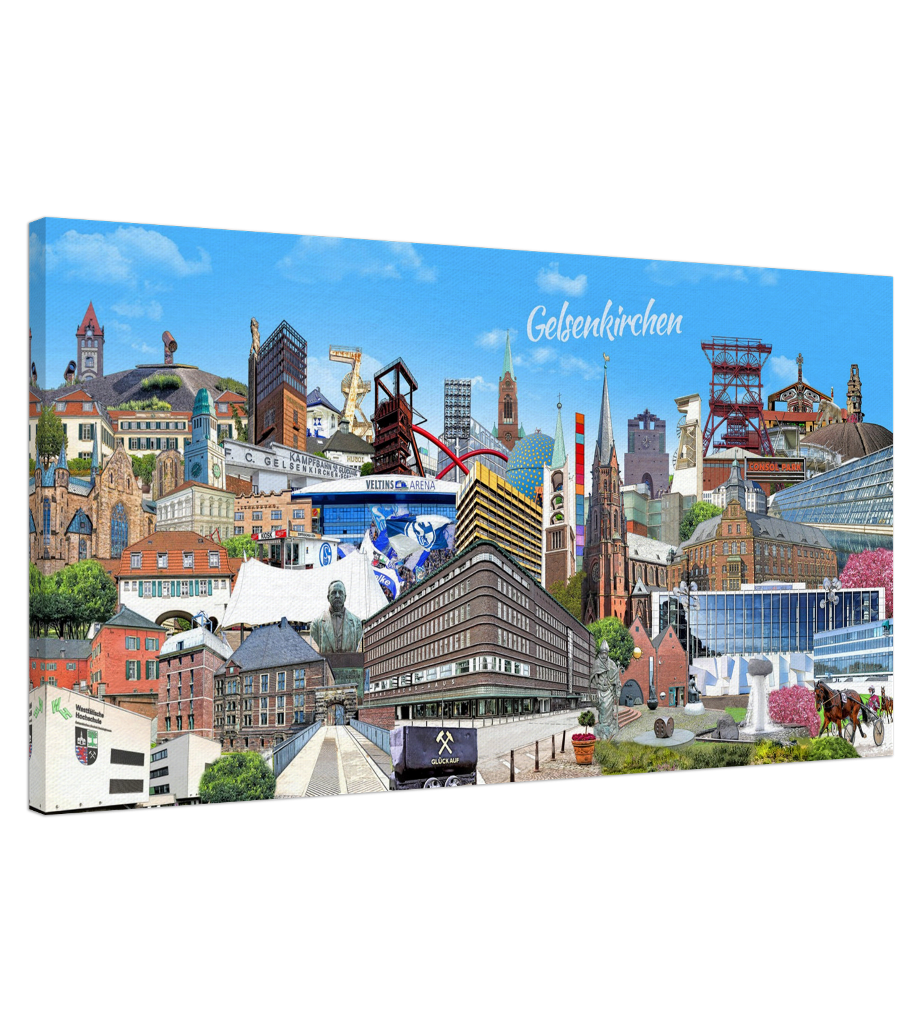 Leinwanddruck mit farbenfroher Gelsenkirchen-Collage – perfekt als Geschenk.