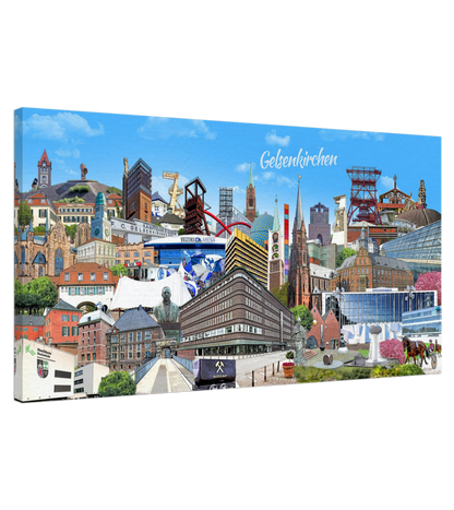 Leinwanddruck mit farbenfroher Gelsenkirchen-Collage – perfekt als Geschenk.