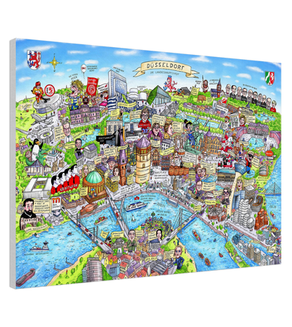 Bunte Stadtillustration von Düsseldorf als hochwertiger Leinwanddruck.
