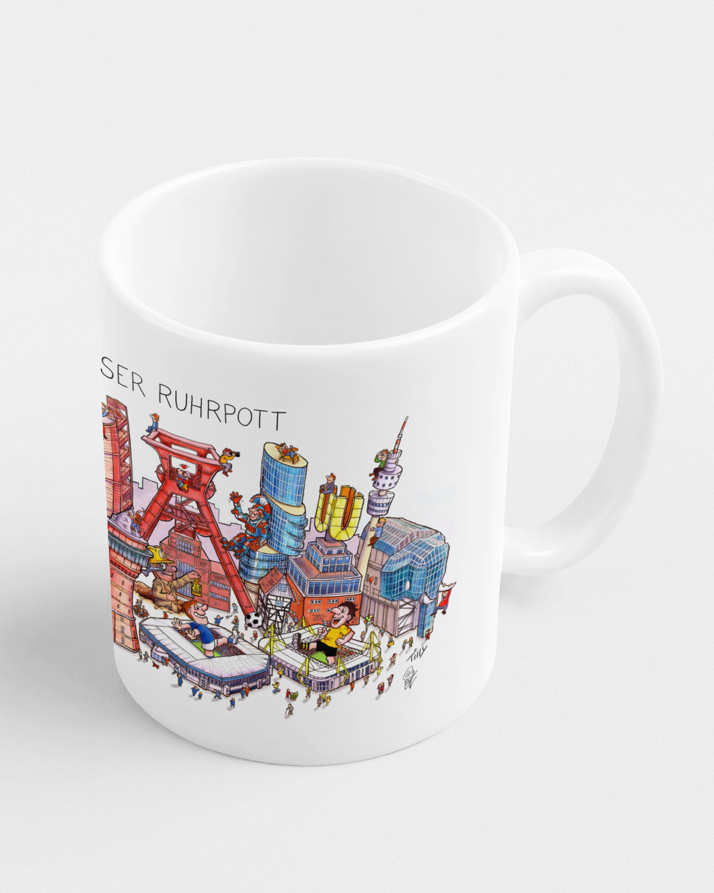 Hochwertige Kaffeetasse mit kreativer Ruhrpott-Collage, ideal als Geschenk oder Souvenir.