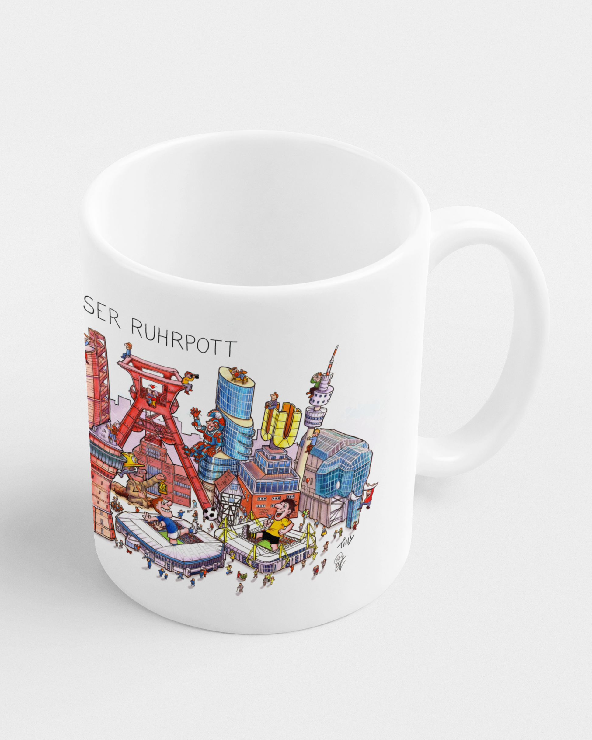 Hochwertige Kaffeetasse mit kreativer Ruhrpott-Collage, ideal als Geschenk oder Souvenir.